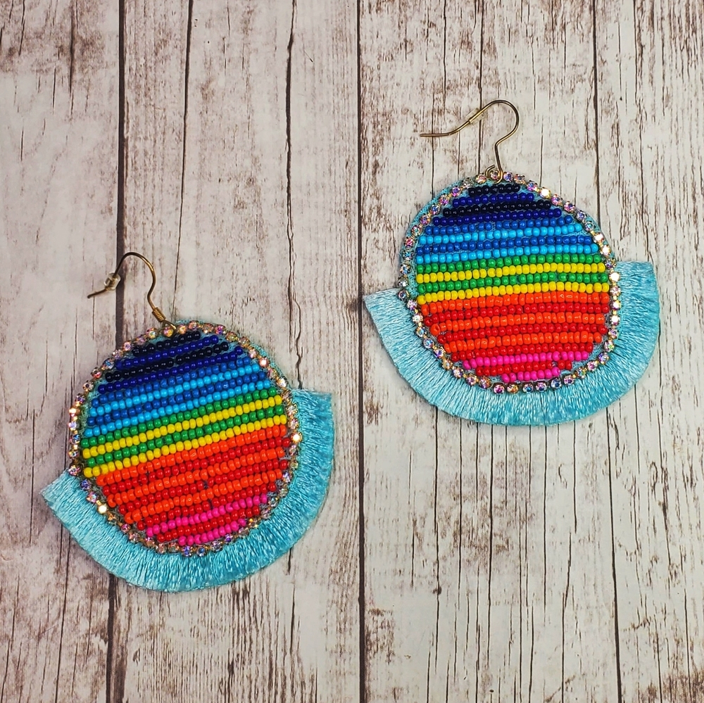 Rainbow tassel seed bead earrings